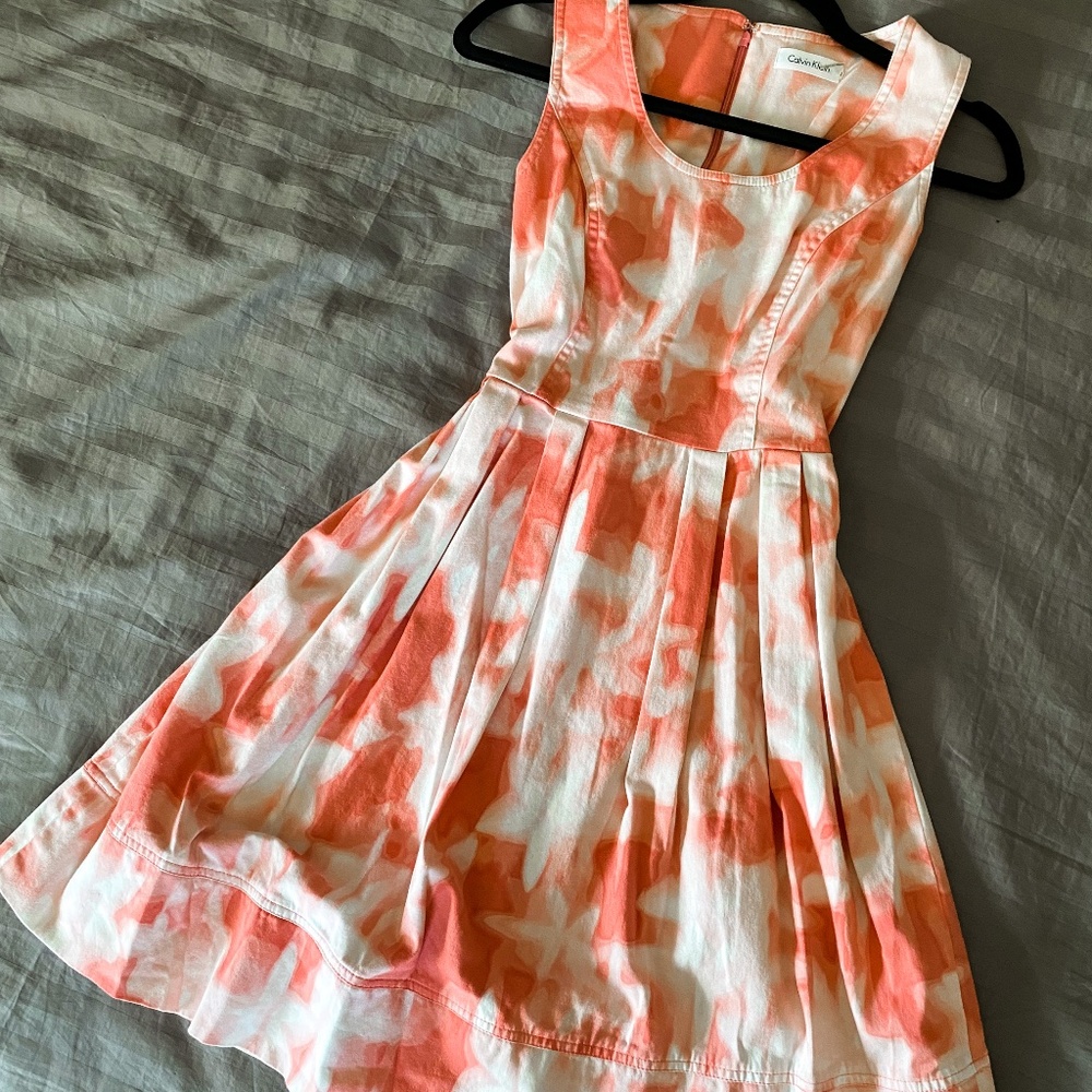 Abstract coral pink floral fit and flare dress